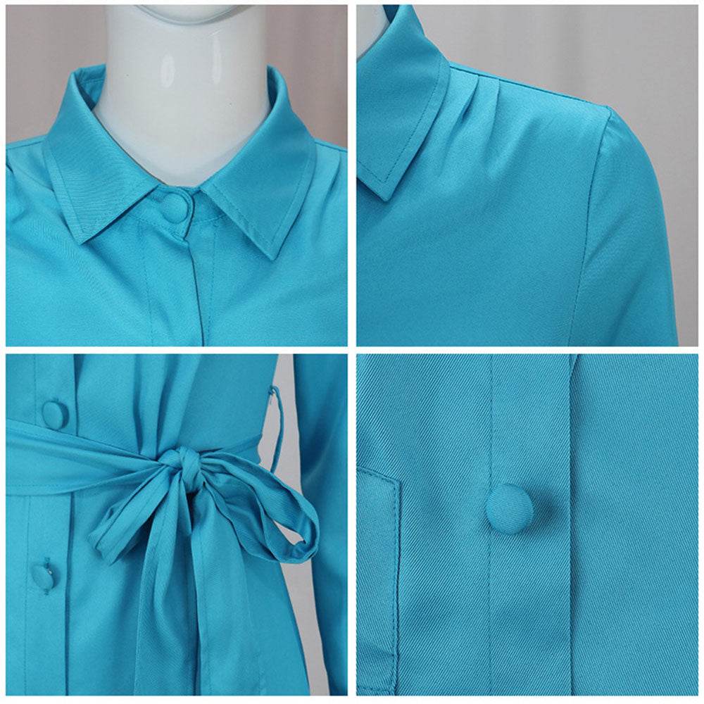 Ratched Cosplay Costume Blue Nurse Dress with Belt and Hat for Halloween - Azufun