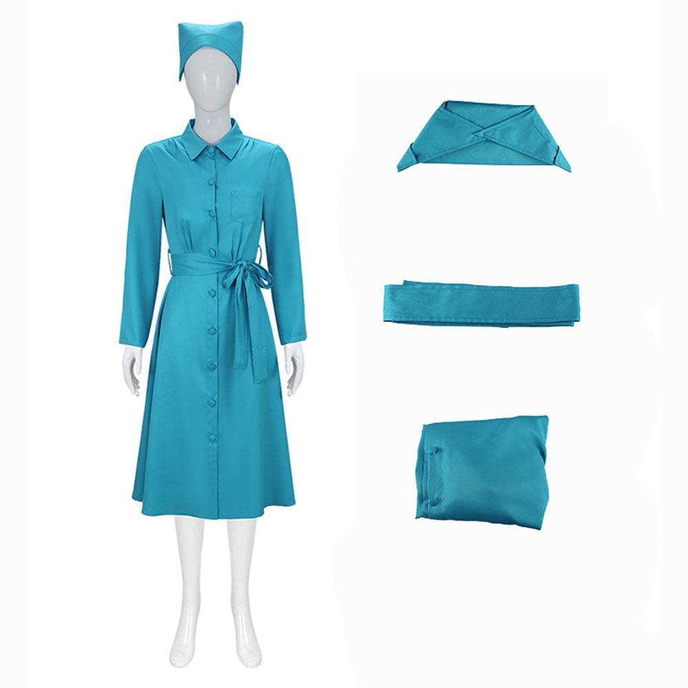 Ratched Cosplay Costume Blue Nurse Dress with Belt and Hat for Halloween - Azufun