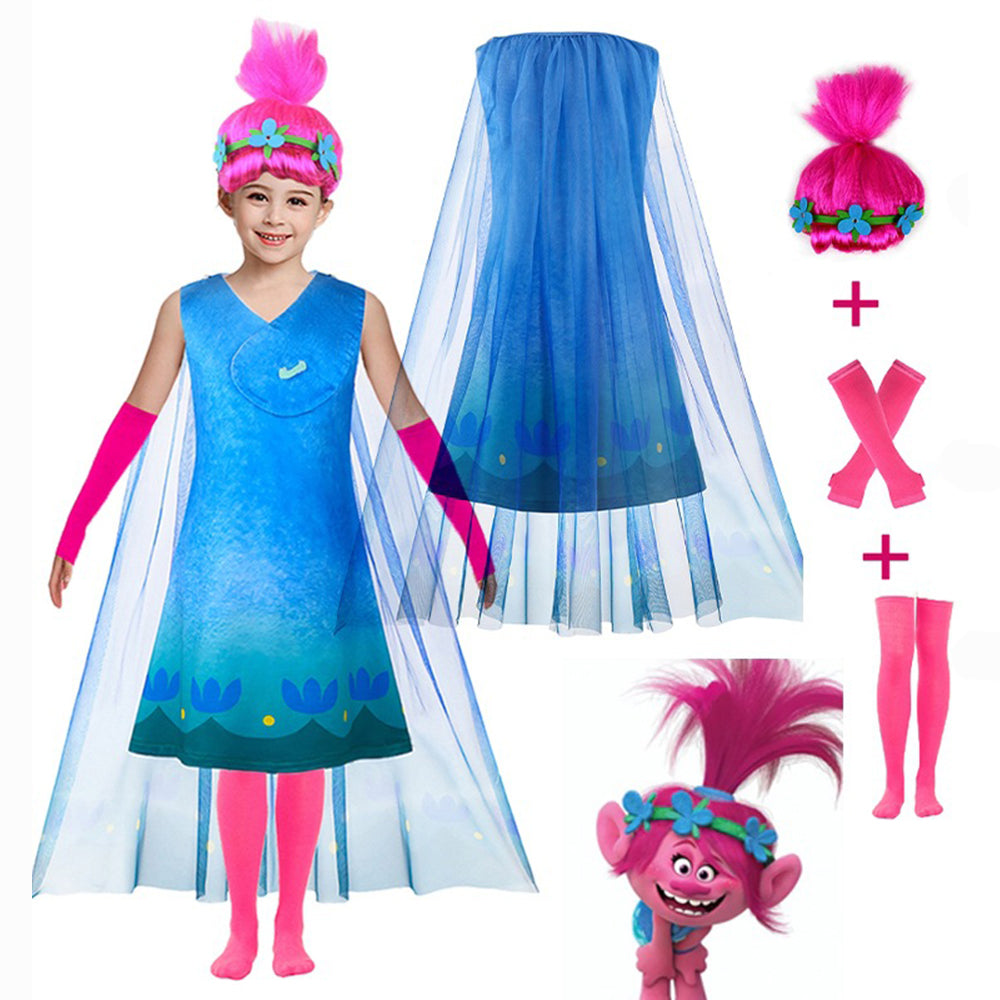 Girls Trolls World Tour Costume Princess Poppy Dress Set - Azufun