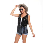 Sleeveless Vest Sequined Vest Western Cowboy Style Cardigan Denim Vest Women - Azufun