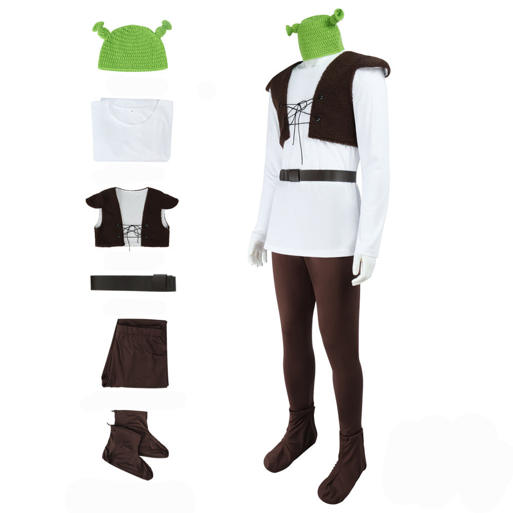 Shrek Green Monster Cosplay Mens Costume Halloween Full fleece Vest Outfit Set - Azufun