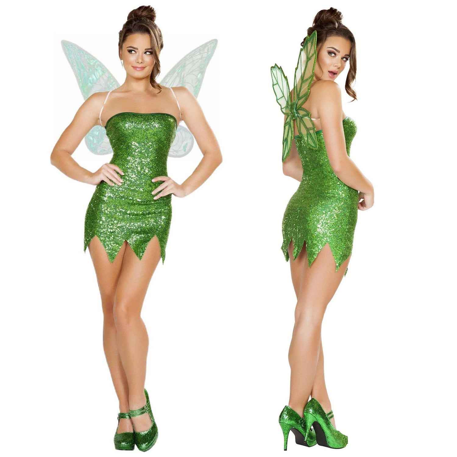 Mischievous Fairy Tinkerbell Costume Green Sequin For Adult