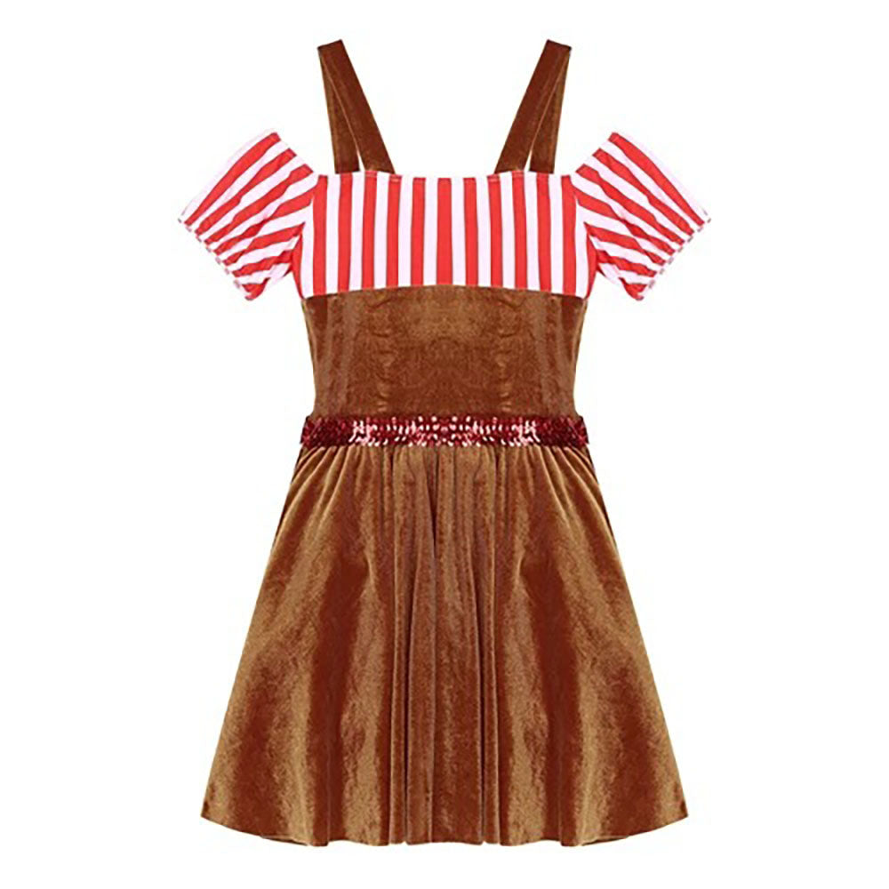 Women Gingerbread Costume Stripes Print Christmas Dance Dress