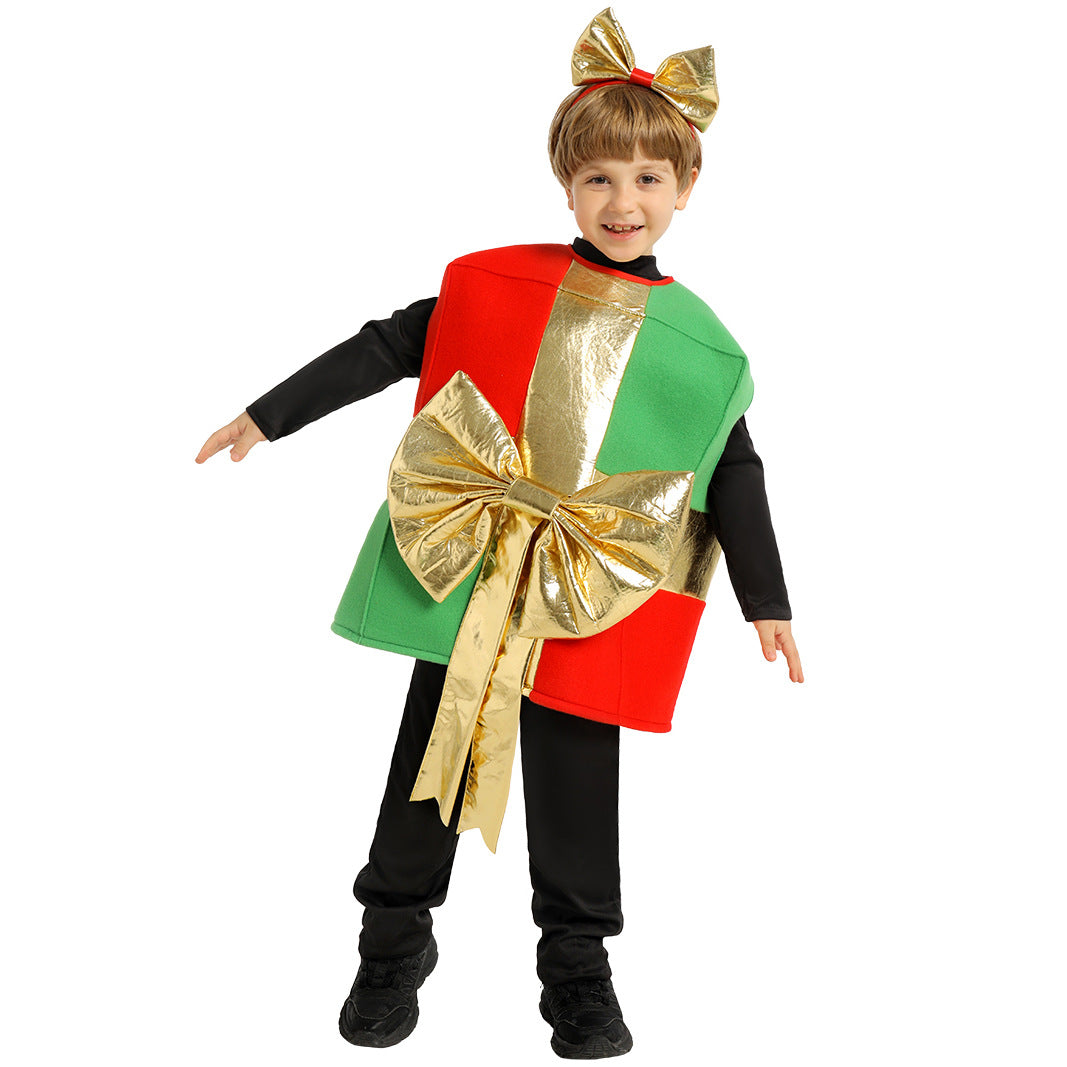Christmas Present Costume Kids Gold Ribbon Gift Box Costume Vest