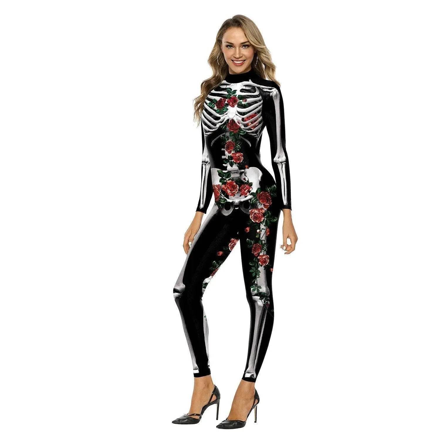 Adult Skeleton Print Zentai Jumpsuit Halloween Cosplay Costume - Azufun