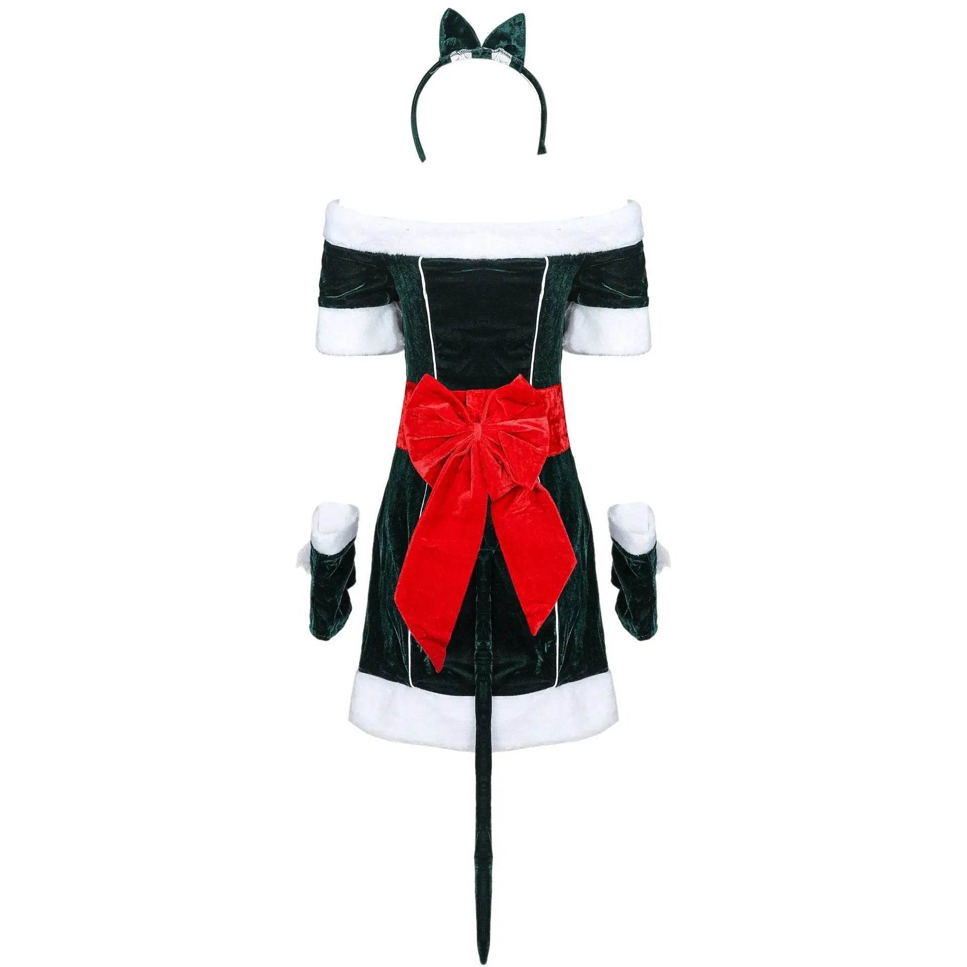Christmas Off Shoulder Cute Cat Costumes Party Dress - Azufun