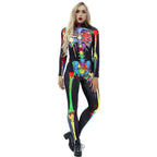 Coloful Skull Halloween Cosplay Costume Bodycon Jumpsuit for Women - Azufun