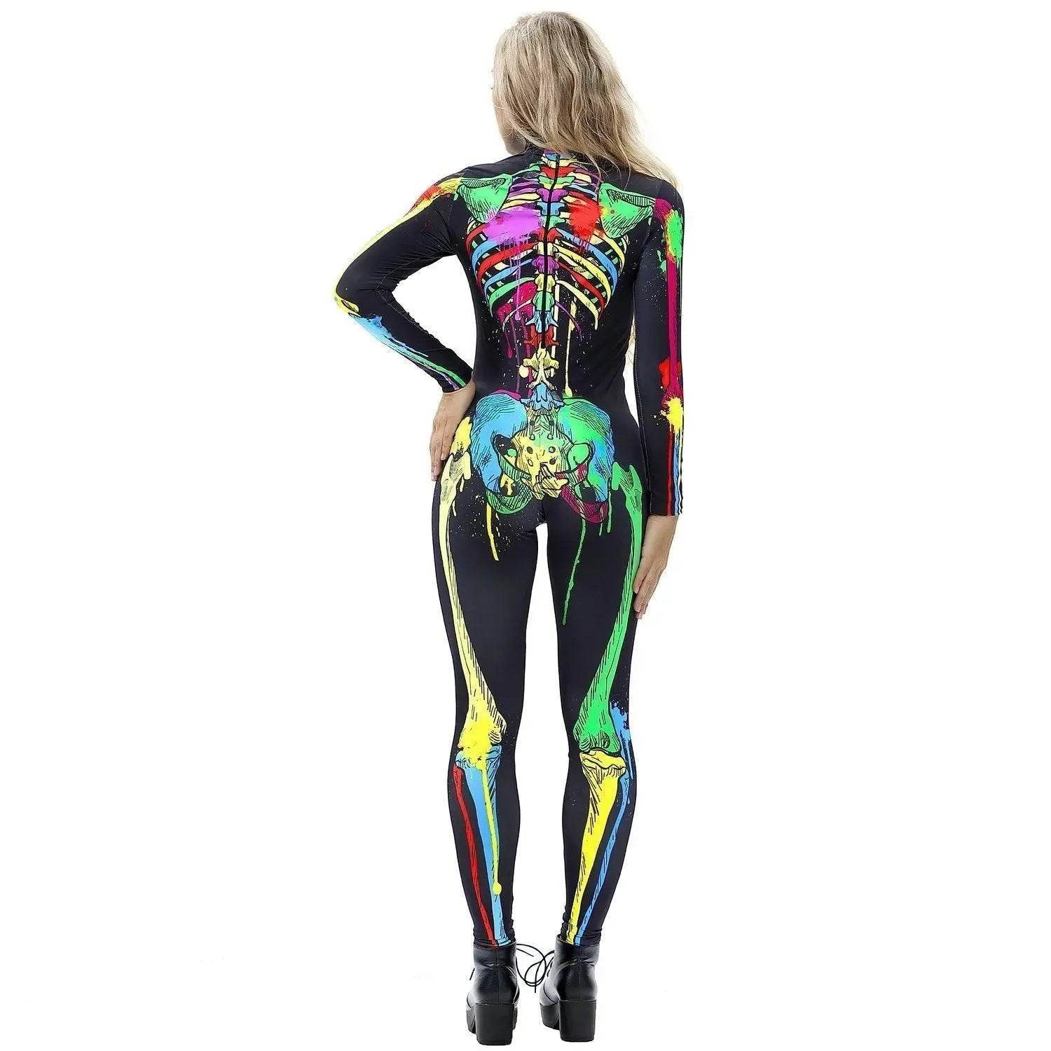 Coloful Skull Halloween Cosplay Costume Bodycon Jumpsuit for Women - Azufun