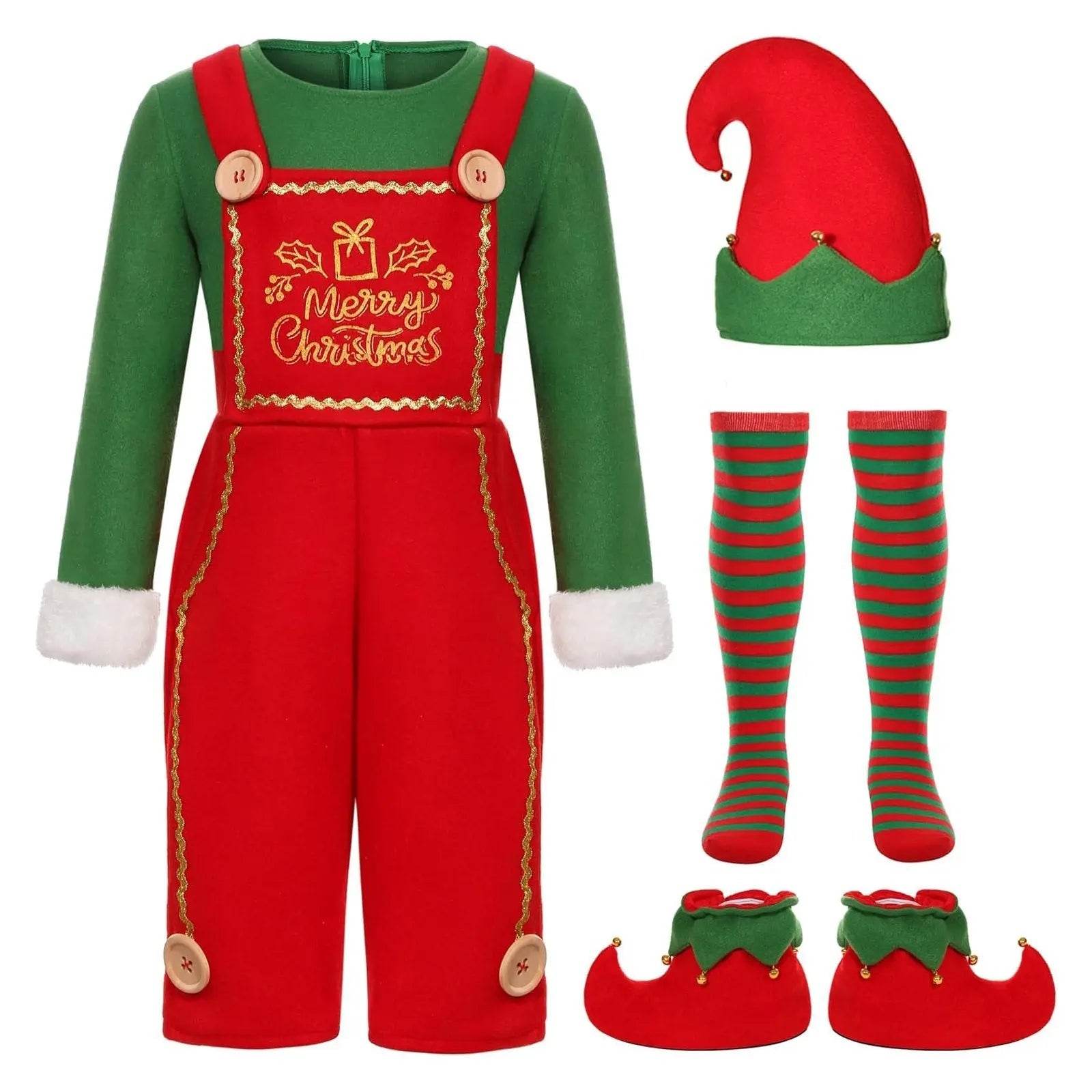 Elf Costume for Girls Boy Kids Christmas Party Dress Outfit - Azufun