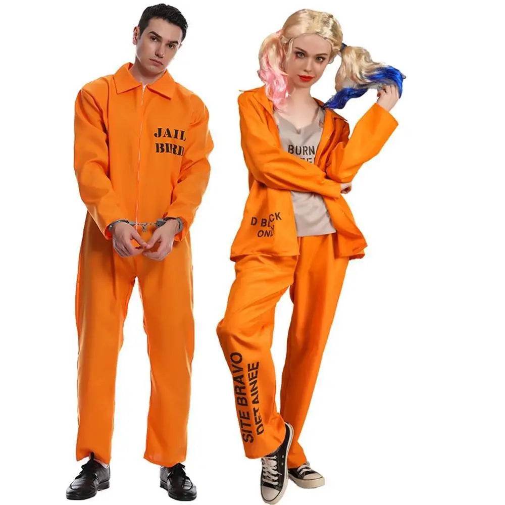 Escaped Prisoner Costume Cosplay Party Jumpsuit Uniform Suit Halloween For Men Women - Azufun