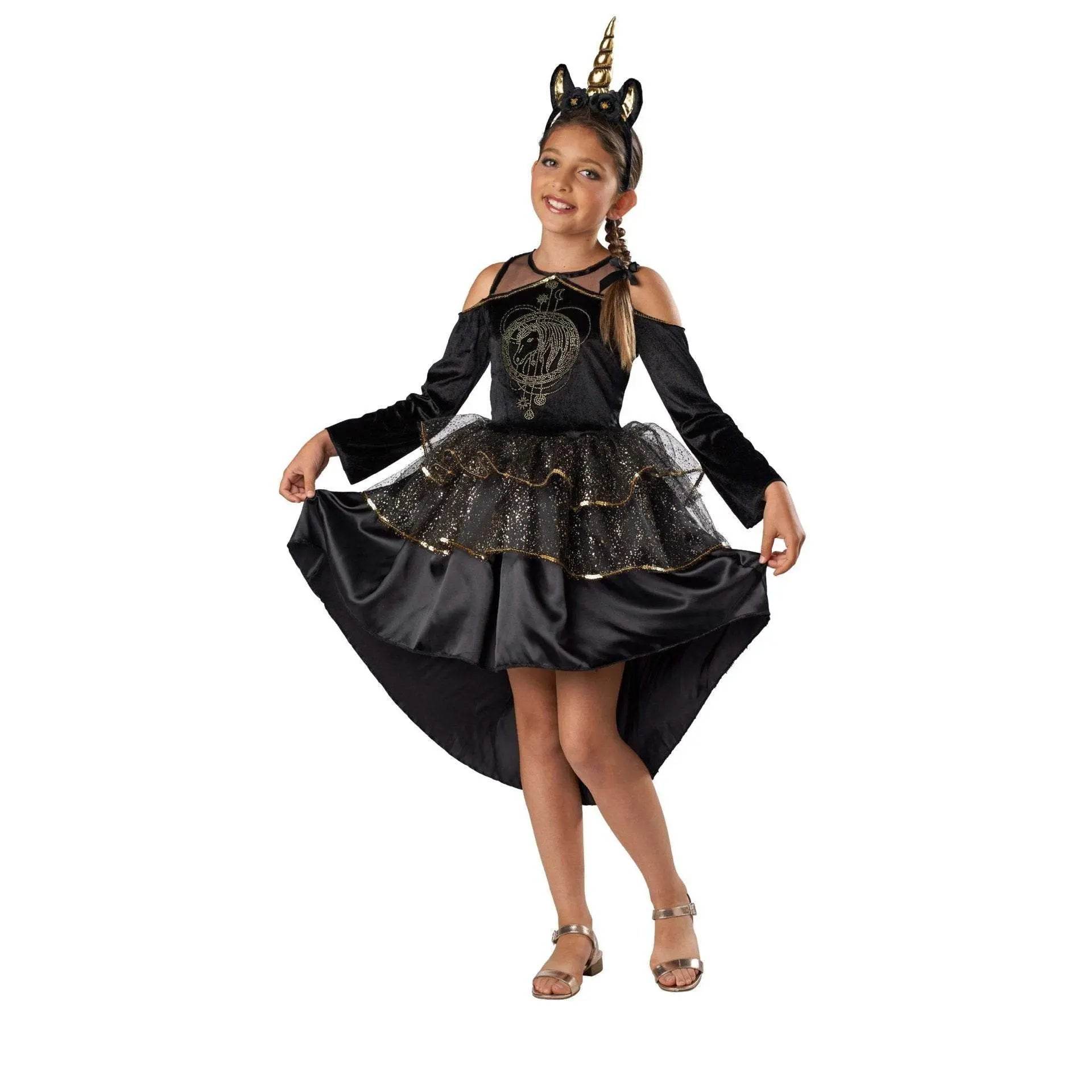 Girl's Unicorn Black Puffy Tuxedo Gothic Dress Halloween Cartoon Costume - Azufun