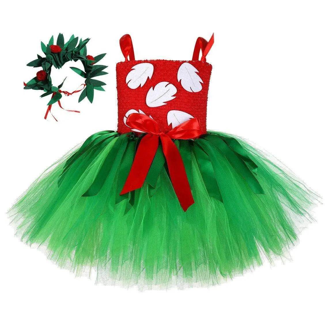 Girls Tutu Dreams Hawaii Lilo Costume with Tropical Fern Leaf Headband - Azufun