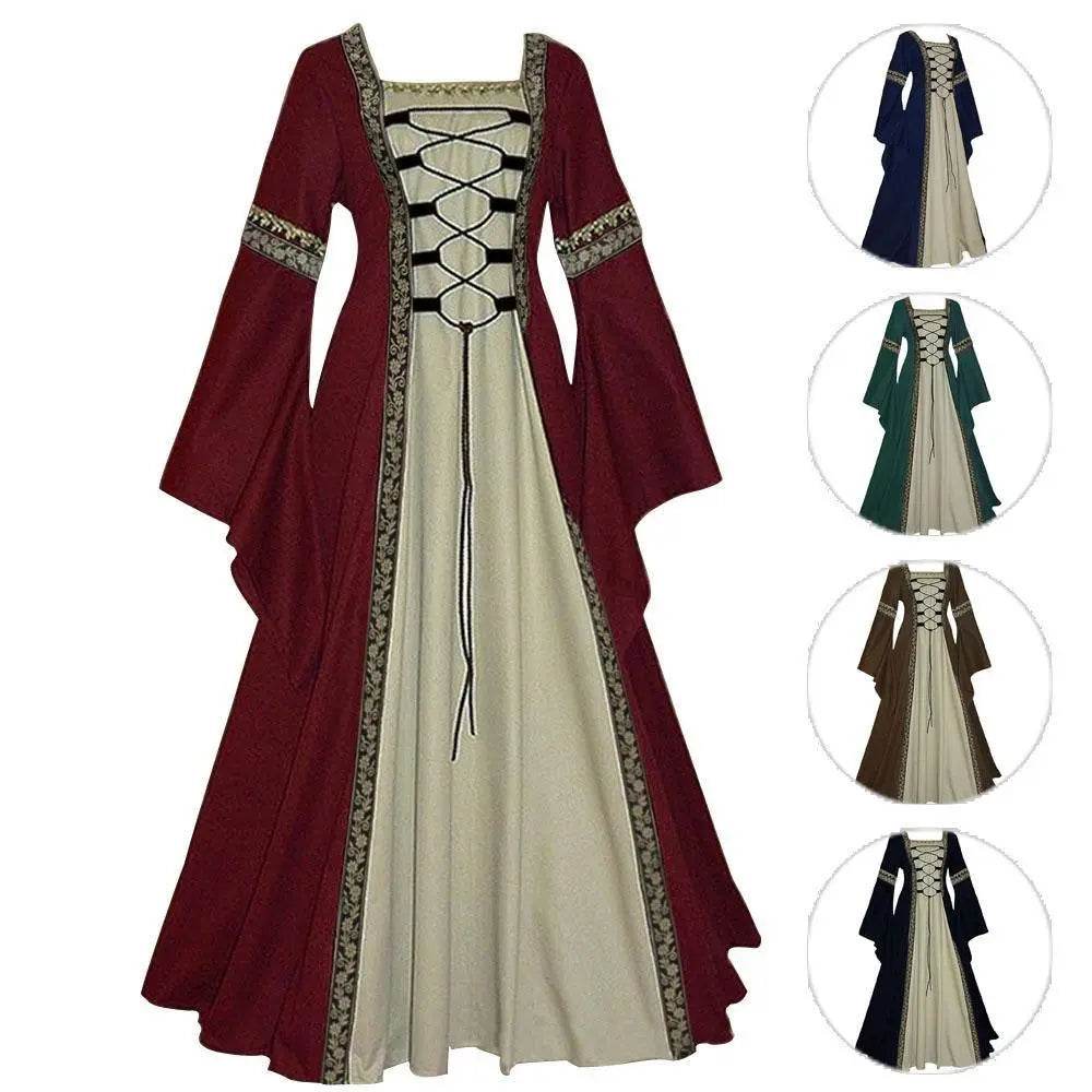 Gothic retro women's Medieval Court Costume Robe large size trumpet sleeve long dress - Azufun