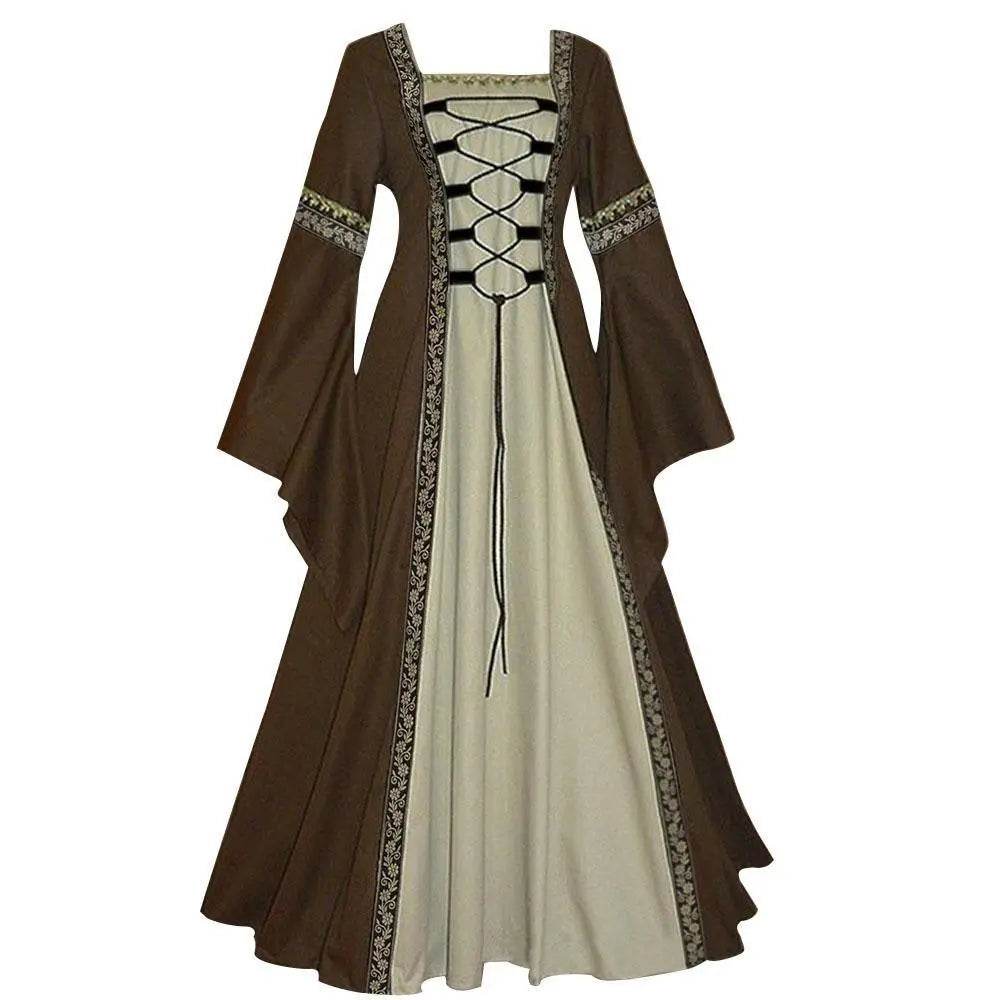 Gothic retro women's Medieval Court Costume Robe large size trumpet sleeve long dress - Azufun