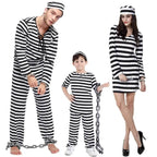 Halloween Adult Kid Striped Prison Costume Hat Top Pants Dress Set - Azufun