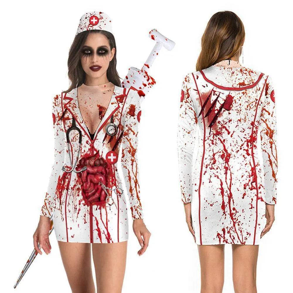 Halloween Nurse Blood Dress Cosplay Costume For Women - Azufun