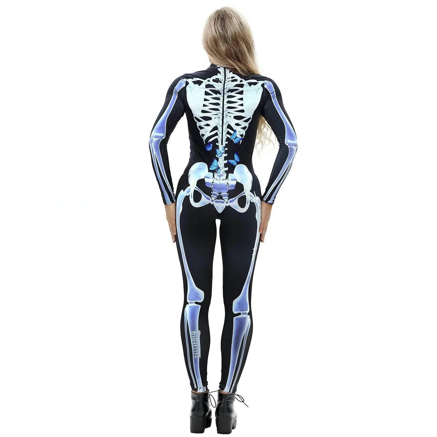 Halloween Skeleton Cosplay Costume Bodycon Jumpsuit for Women - Azufun