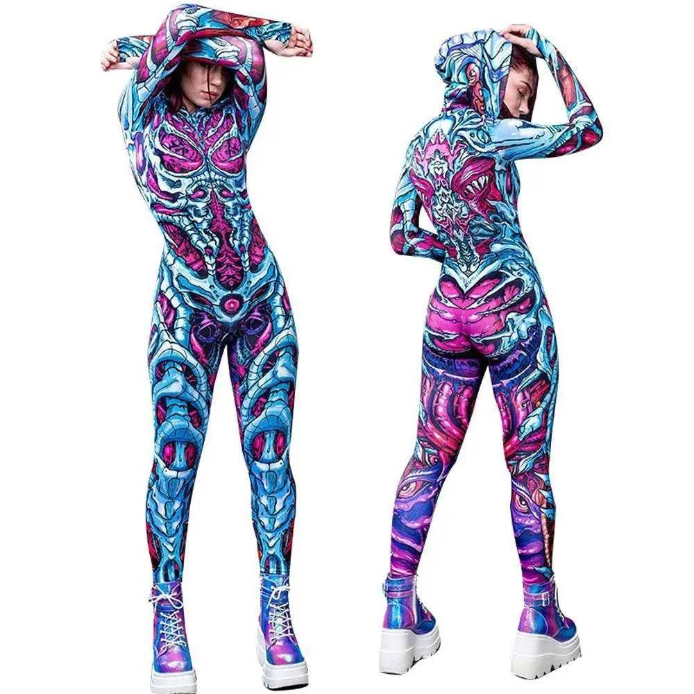 Halloween skull zombie blue and cyan zentai costumes - Azufun