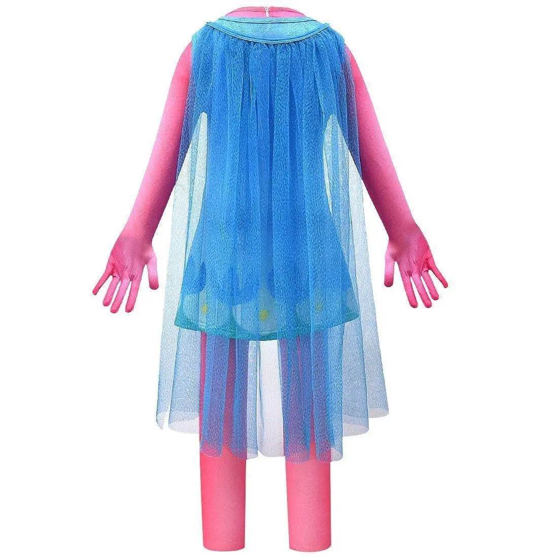 Kids Girl Trolls 2 World Tour Poppy Costume Cosplay ZenTai Short Sleeve Cape Dress - Azufun