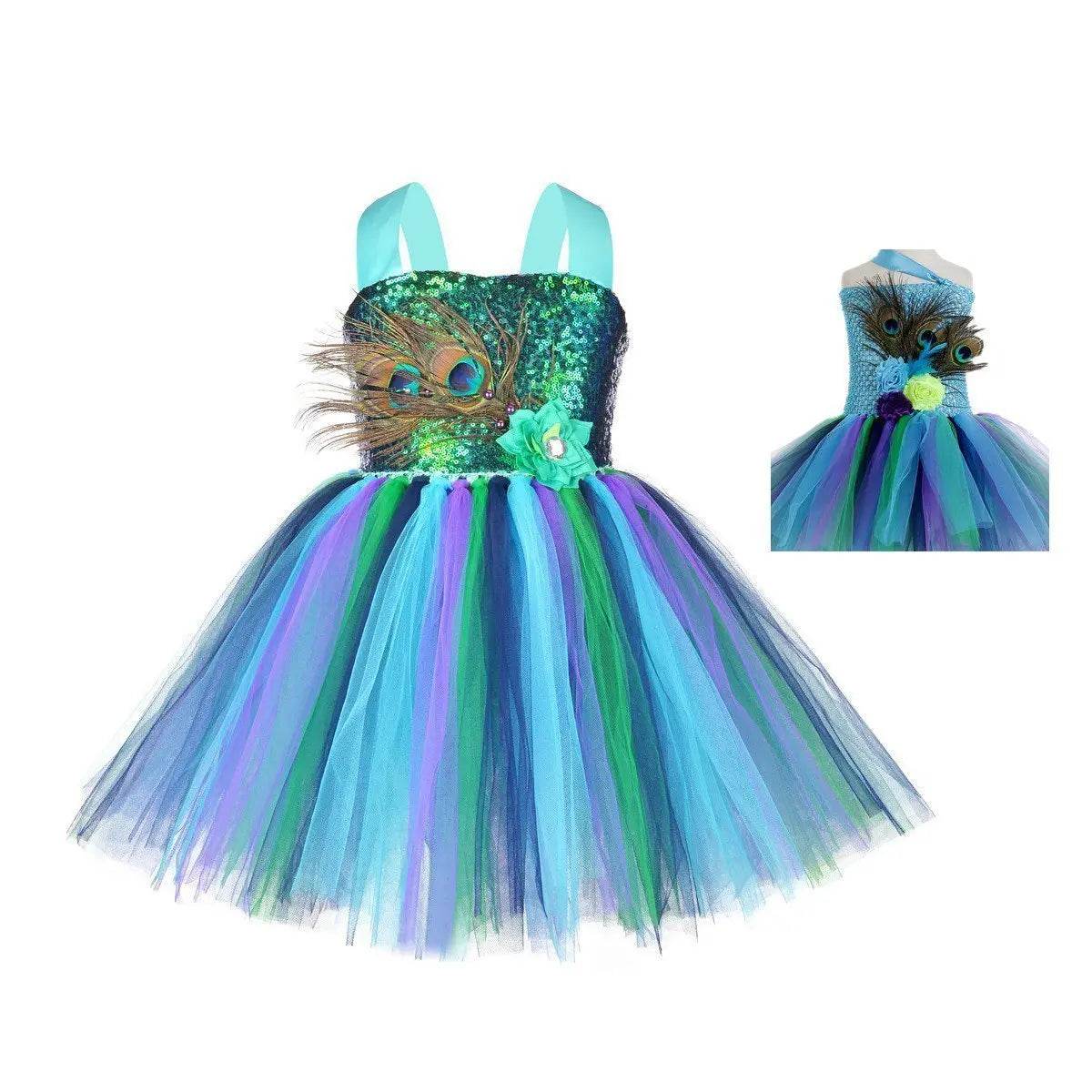 Kids Sequin Peacock Feather Costume Girls Easter Carnival Party Dress - Azufun