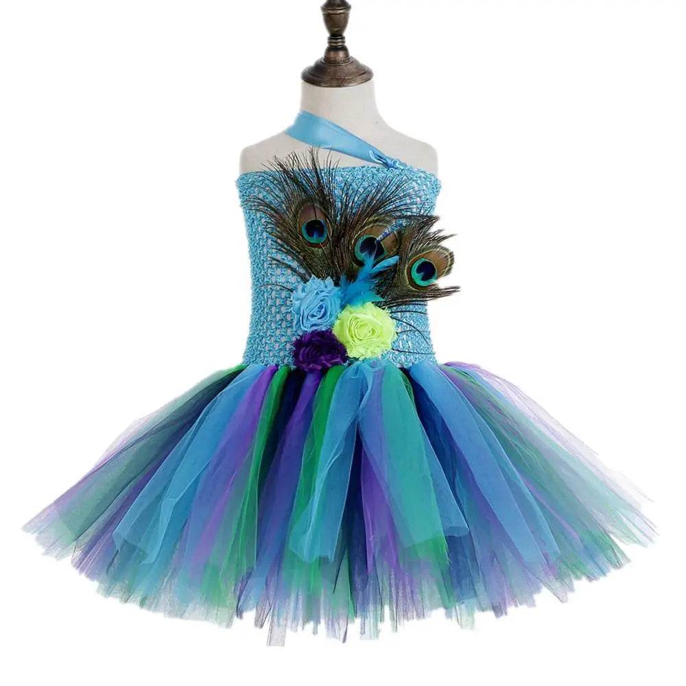 Kids Sequin Peacock Feather Costume Girls Easter Carnival Party Dress - Azufun