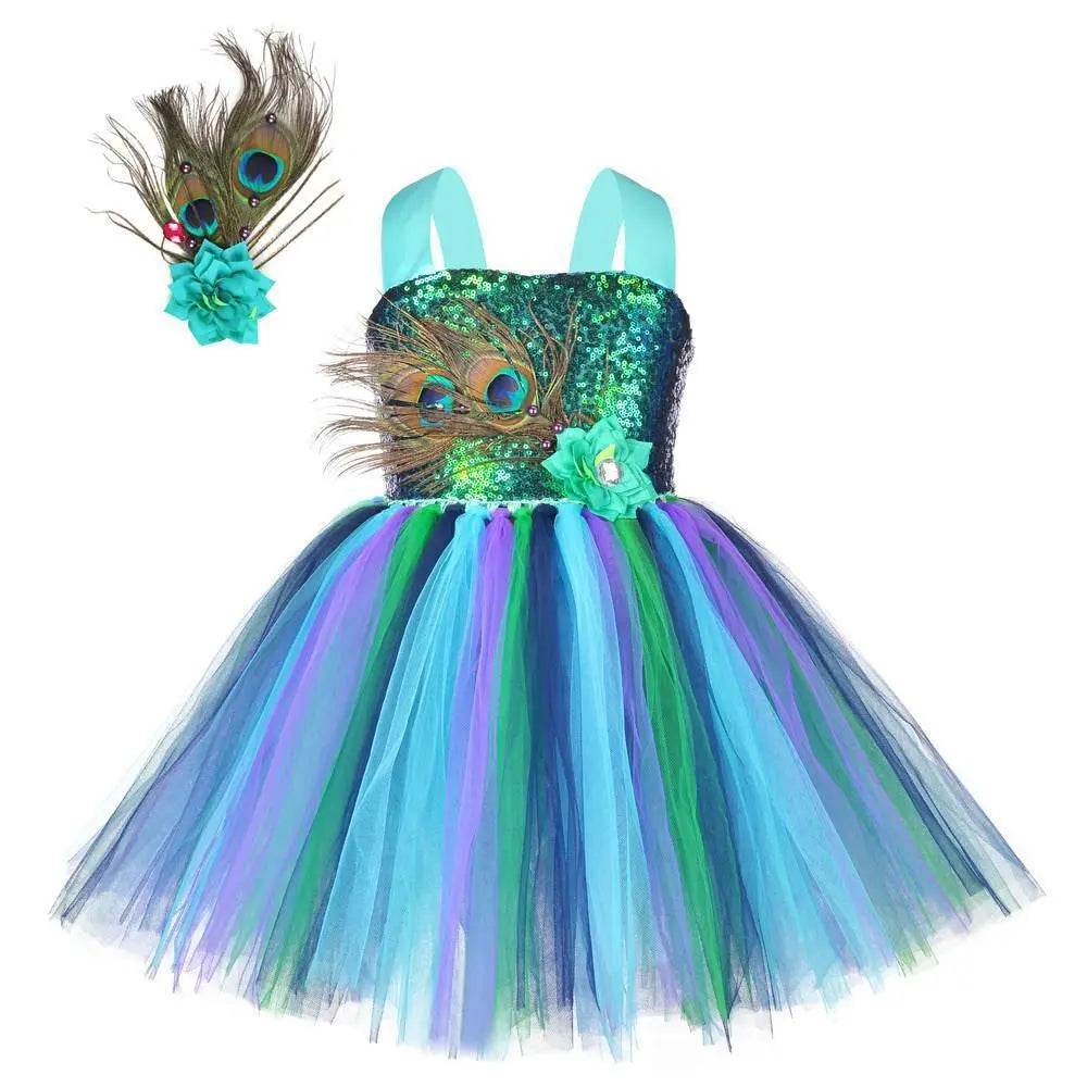 Kids Sequin Peacock Feather Costume Girls Easter Carnival Party Dress - Azufun