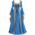 Medieval Retro Hooded Dress Costume Square Neck Tie Trumpet Sleeves Big Swing Skirt - Azufun