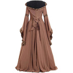 Medieval Retro Hooded Dress Costume Square Neck Tie Trumpet Sleeves Big Swing Skirt - Azufun