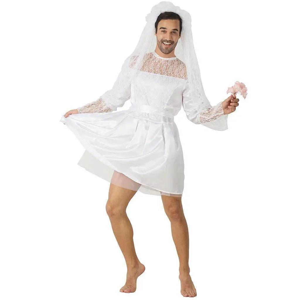 Men's Wedding Dress Funny Male White Bride Costume Halloween Stag Night Party Outift - Azufun