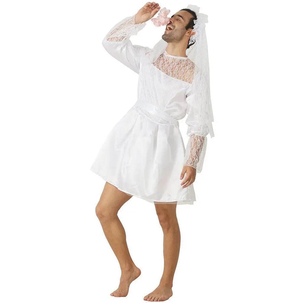 Men's Wedding Dress Funny Male White Bride Costume Halloween Stag Night Party Outift - Azufun