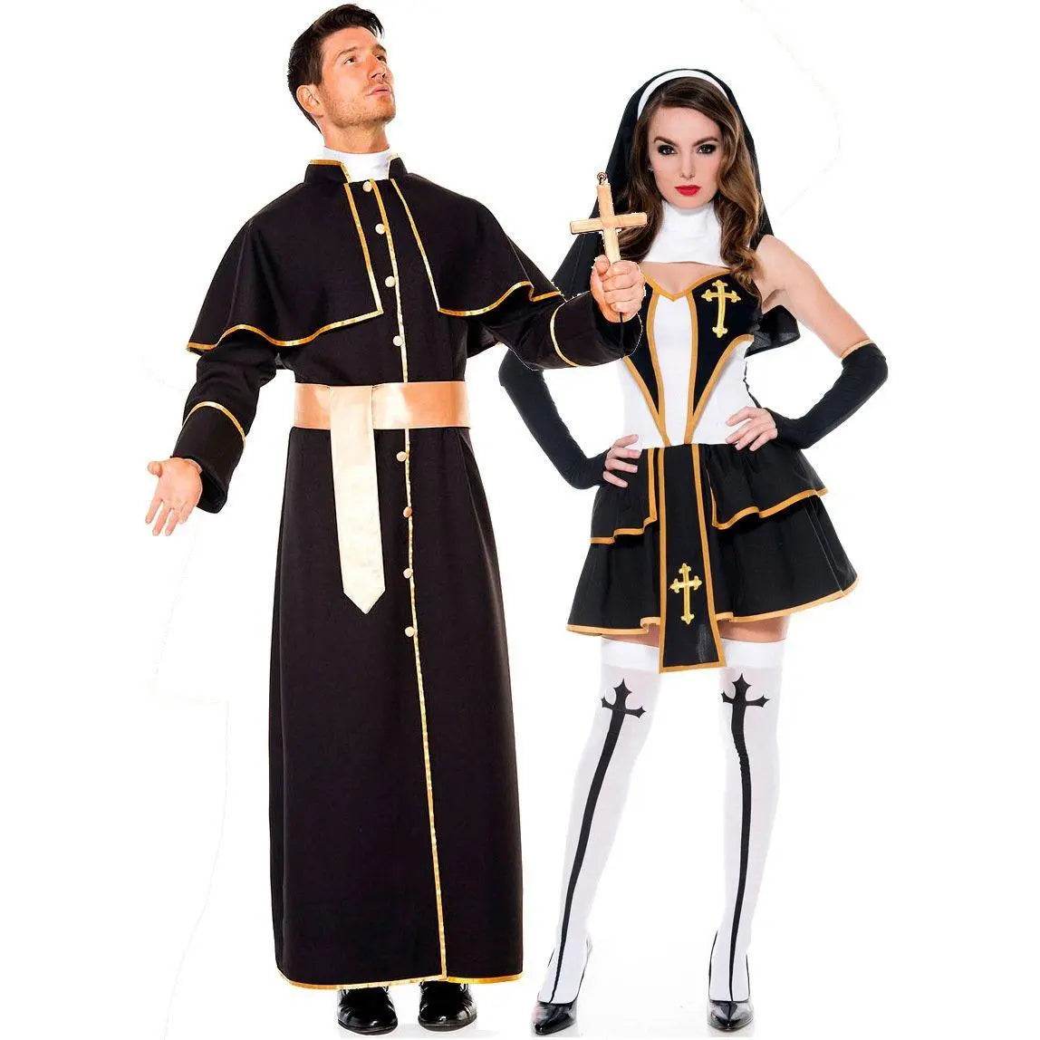 Pastor Fr Nun Couples Costume Halloween Outfits Cosplay Party Carnival - Azufun