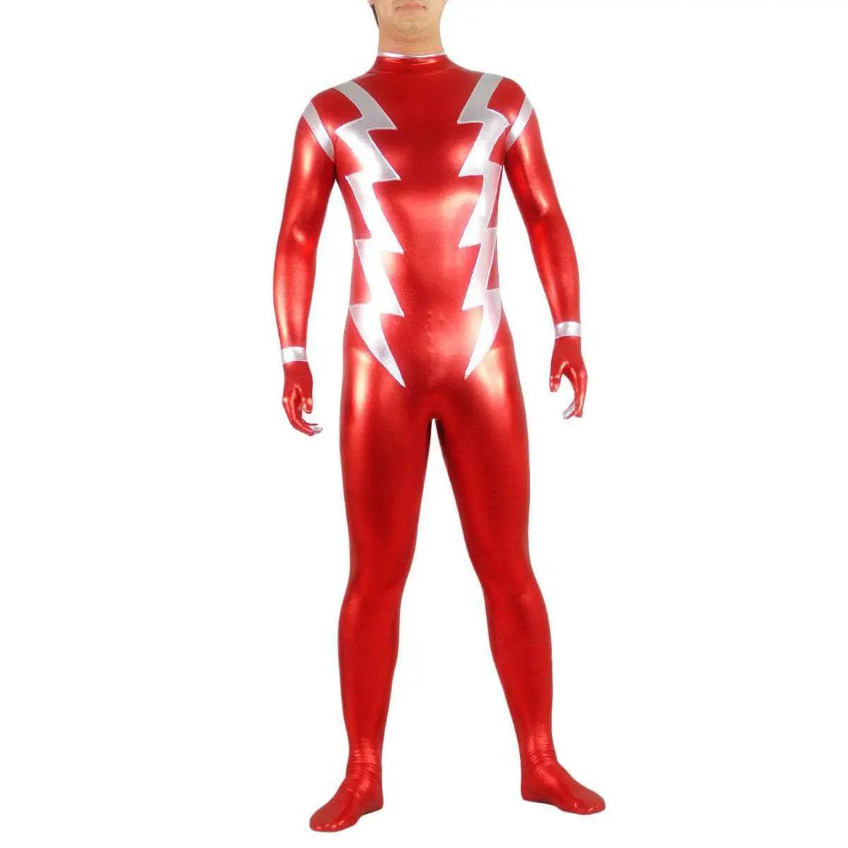 Red Silver Headless Zentai Cosplay Costume Lycra Spandex Bodysuit - Azufun