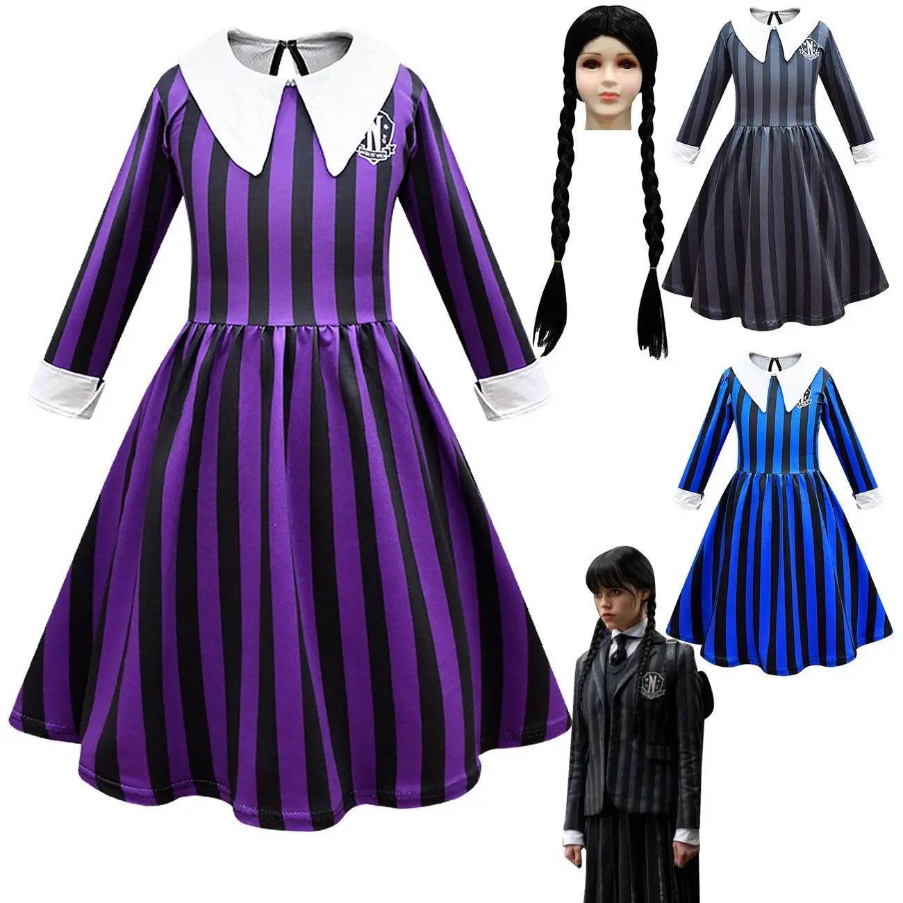 Wednesday Costume The Addams Family Cosplay Striped Dress For Kids - Azufun