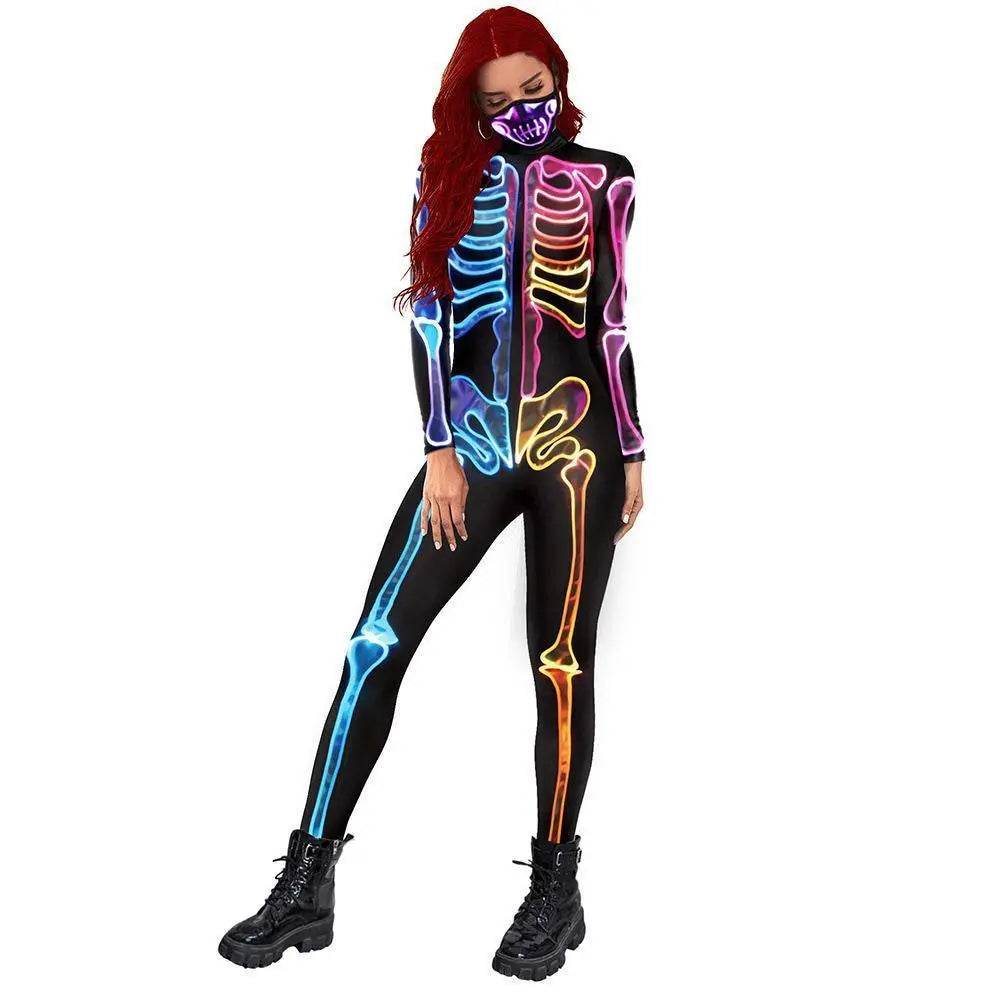 Women Halloween Jumpsuit Skull Cosplay Costume Funny Skeleton Halloween Bodysuit Skinny Catsuit - Azufun