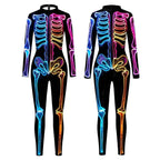 Women Halloween Jumpsuit Skull Cosplay Costume Funny Skeleton Halloween Bodysuit Skinny Catsuit - Azufun