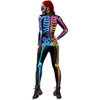 Women Halloween Jumpsuit Skull Cosplay Costume Funny Skeleton Halloween Bodysuit Skinny Catsuit - Azufun