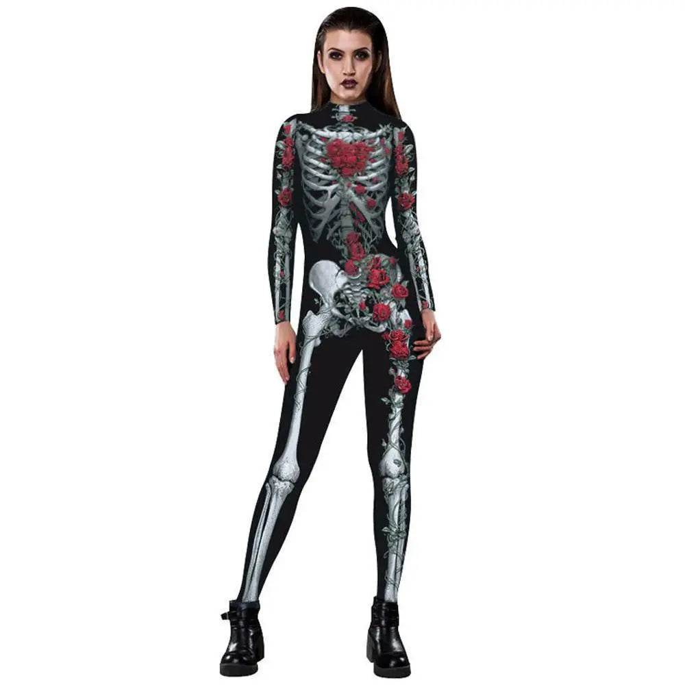 Women Printed Rose Skull Skeleton Catsuit Halloween Costume - Azufun