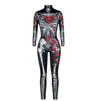 Women Printed Rose Skull Skeleton Catsuit Halloween Costume - Azufun