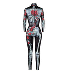 Women Printed Rose Skull Skeleton Catsuit Halloween Costume - Azufun