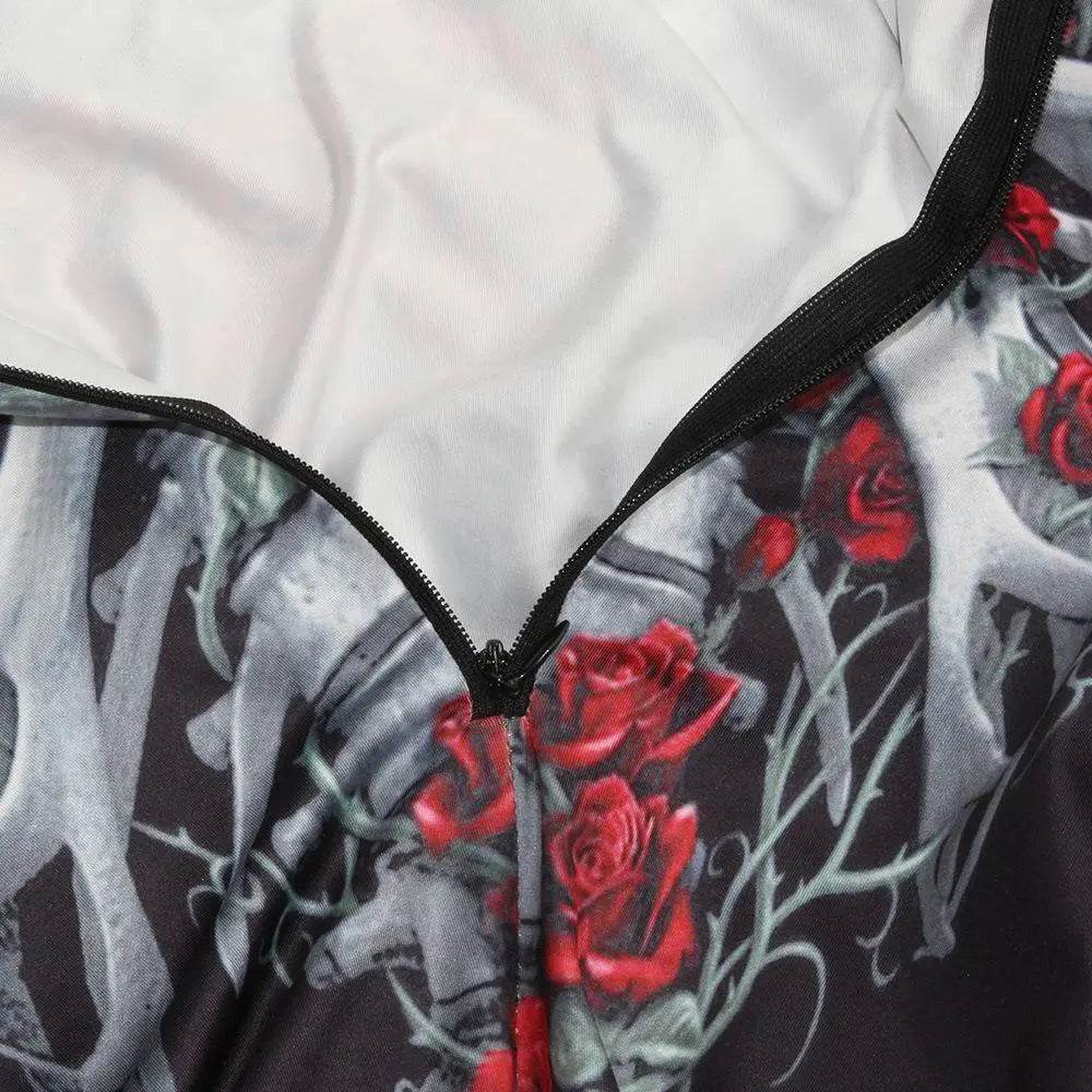 Women Printed Rose Skull Skeleton Catsuit Halloween Costume - Azufun