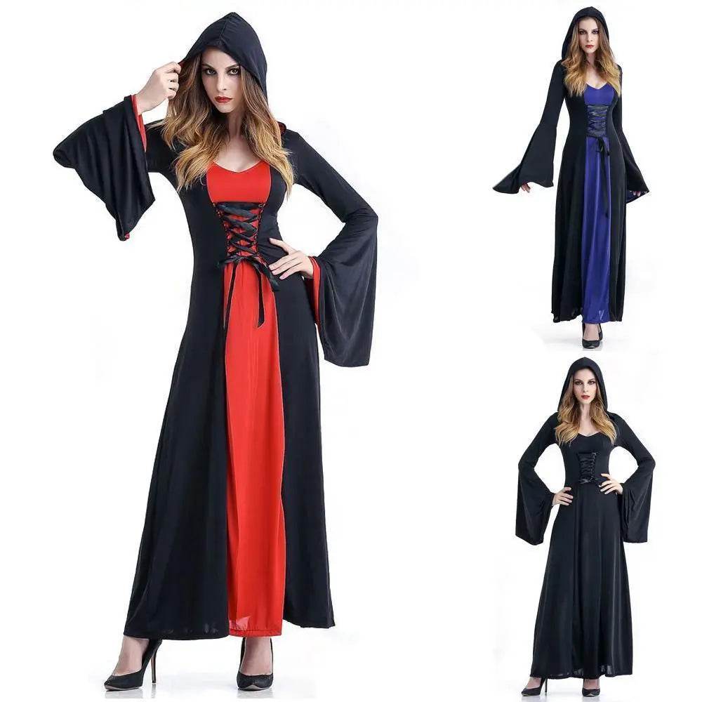 Women's Medieval Vintage Demon Hooded Witch Dress Cosplay Costume Halloween Renaissance Gothic - Azufun