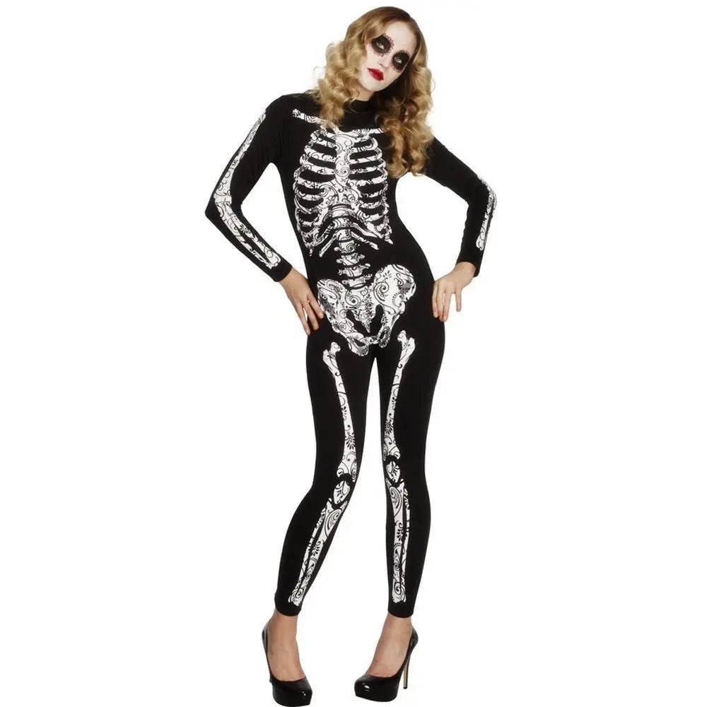 Women's Spandex Printed Skull Skeleton Costume Catsuit Halloween - Azufun