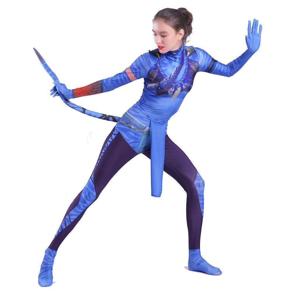 Avatar 2 Neytiri Battle Costume Tail Suit Unisex Jumpsuit Halloween Cosplay Zentai Bodysuit for Adult Kids - Azufun