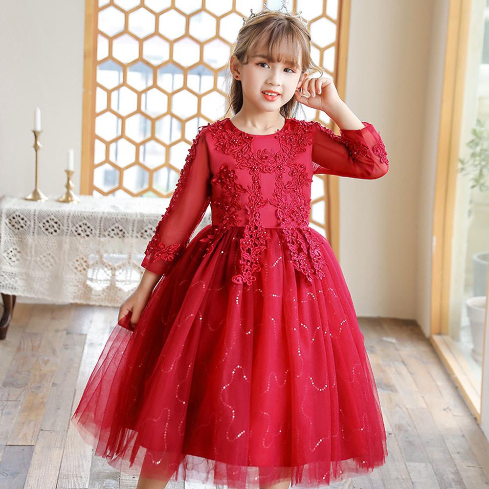 Girls Mesh Wedding Show Sleeve Host Princess Dress Performance Costume Dresses