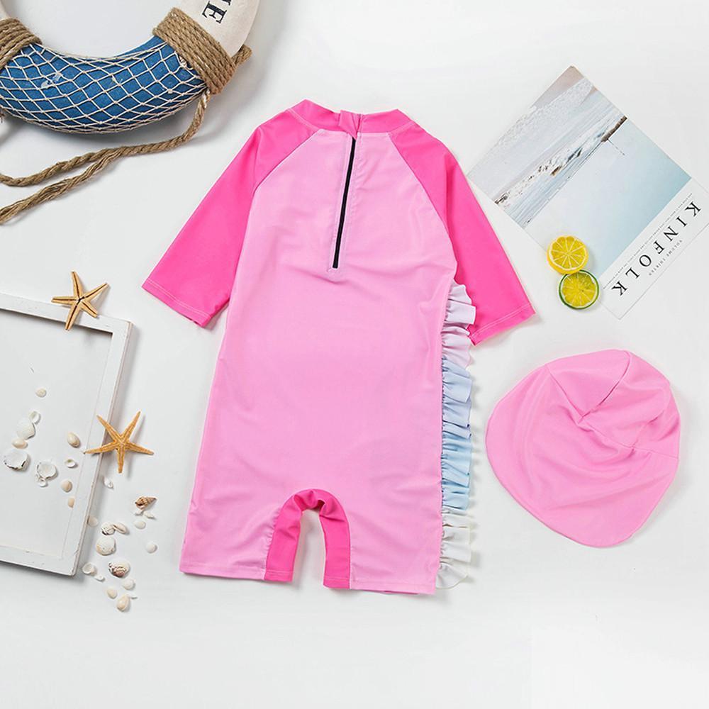 Girls One Piece Swimsuit Long Sleeve Unicorn Bathing Zip Suit with Hat - Azufun