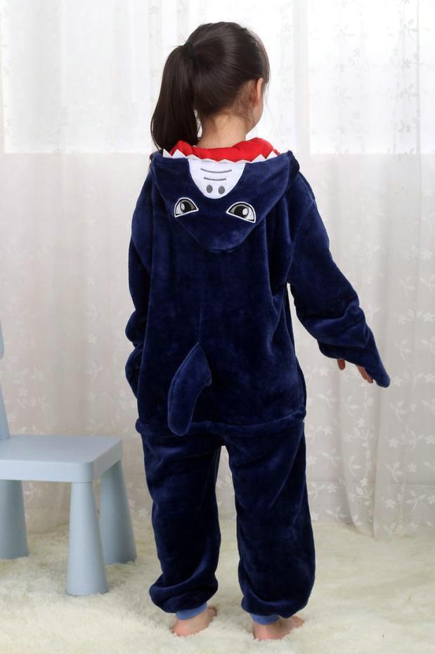 Blue Shark Kigurumi Pajamas Onesie Kid Flannel Animal Hoodie - Azufun