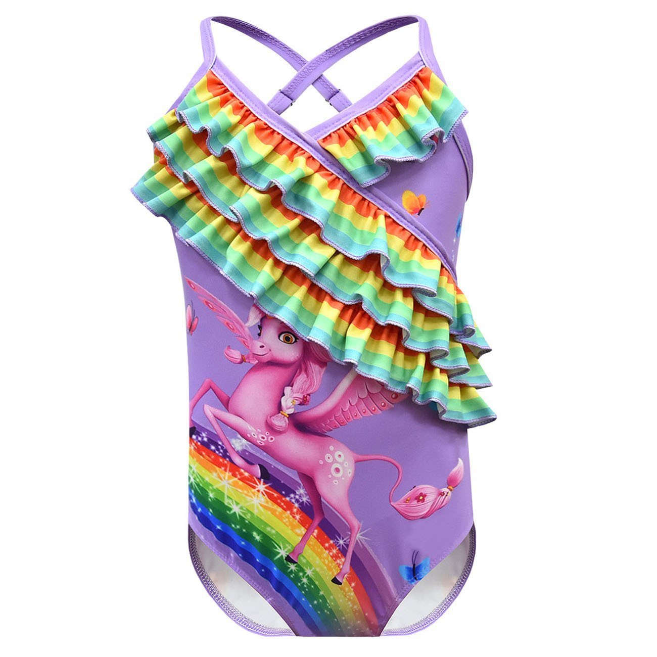 Girls One Piece Swimsuits unicorn Print Ruffle Swimwear Cross-strap sling Swimwear - Azufun