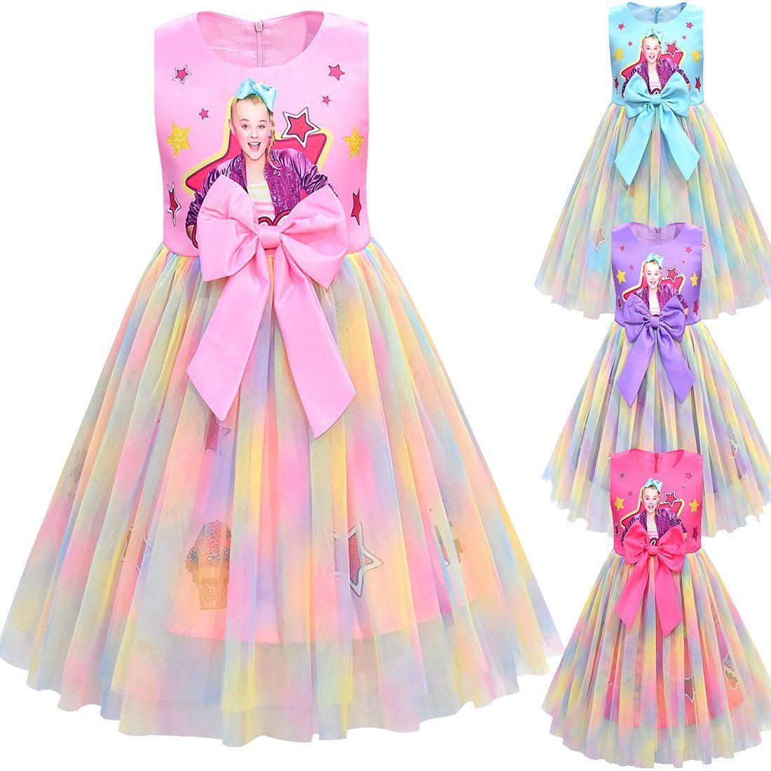 Girls Jojo Siwa Bow Dress Kids Party Birthday Mesh Princess Dress - Azufun