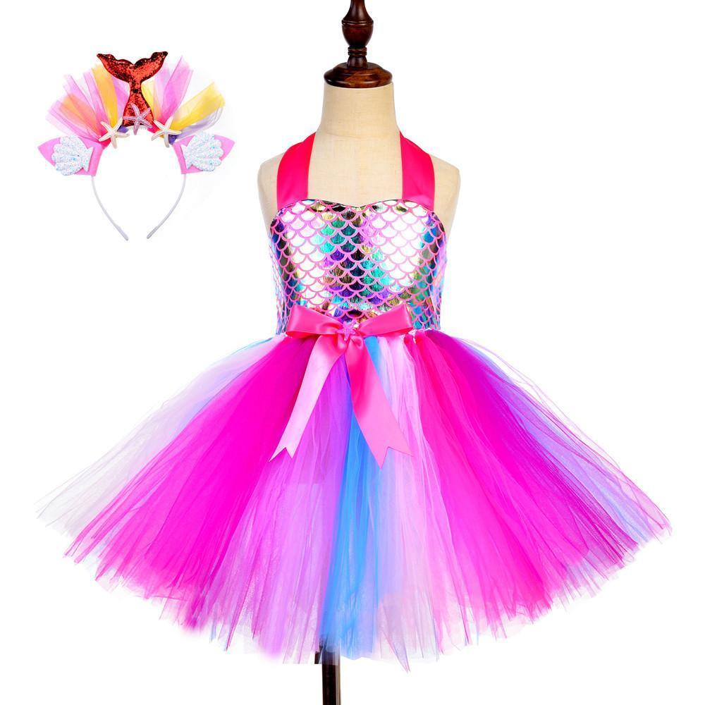 Kids Mermaid Tutu Princess Mermaid Costume Sequins Dress with Headband - Azufun