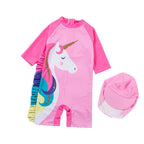 Girls One Piece Swimsuit Long Sleeve Unicorn Bathing Zip Suit with Hat - Azufun